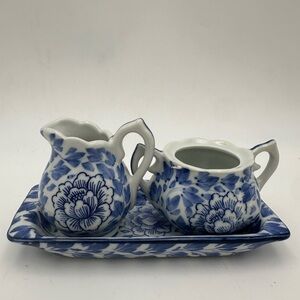 Vintage Blue & White Small Porcelain Creamer, Sugar & Tray Andrea By Sedak